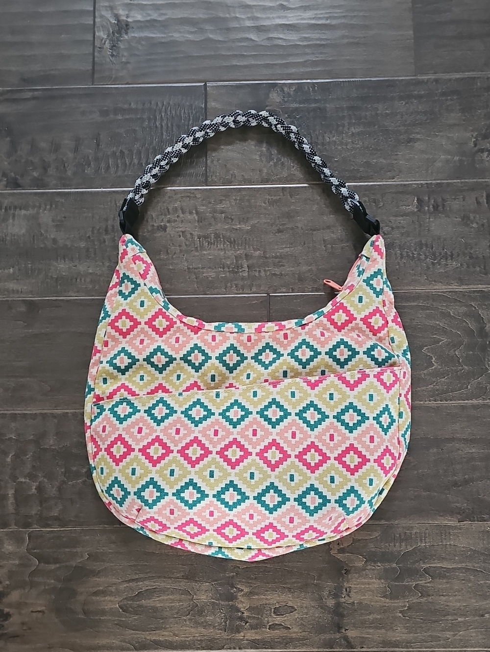 Kavu Sydney Satchel Multicolor Diamond Geometric Print Shoulder Bag Pink Trim - Picture 2 of 7